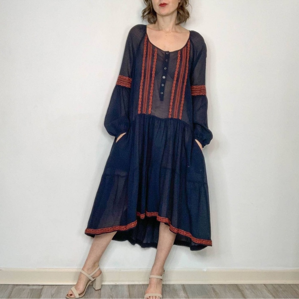 Free People Navy and Red Long Sleeve Dress